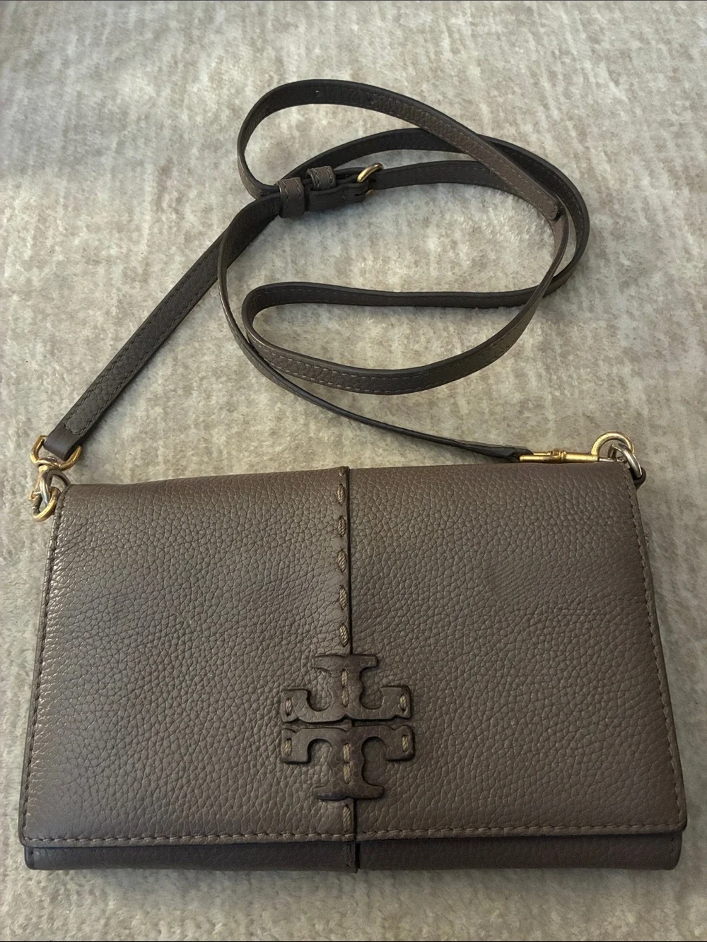 Tory Burch Brown Pebbled Leather Crossbody Wallet